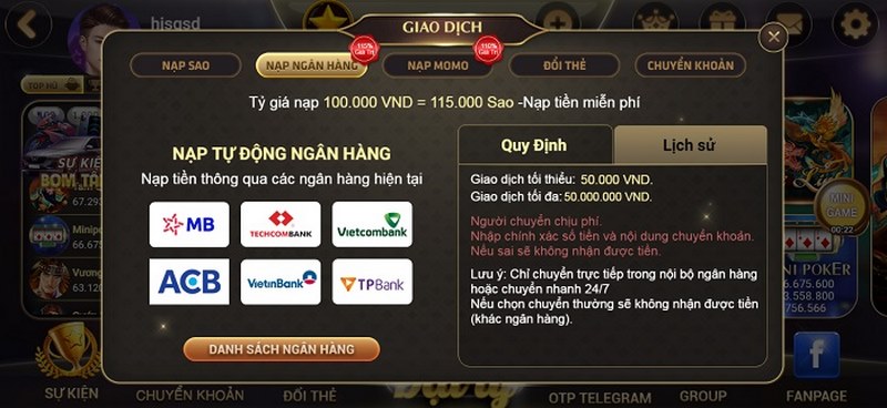 Các bước nạp tiền sao club 